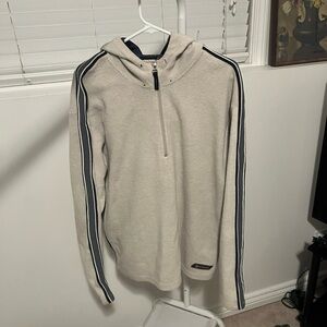 Sostand Fleece Hoodie Half Zip Pullover Size Large Beige w/ Stripe Sleeves